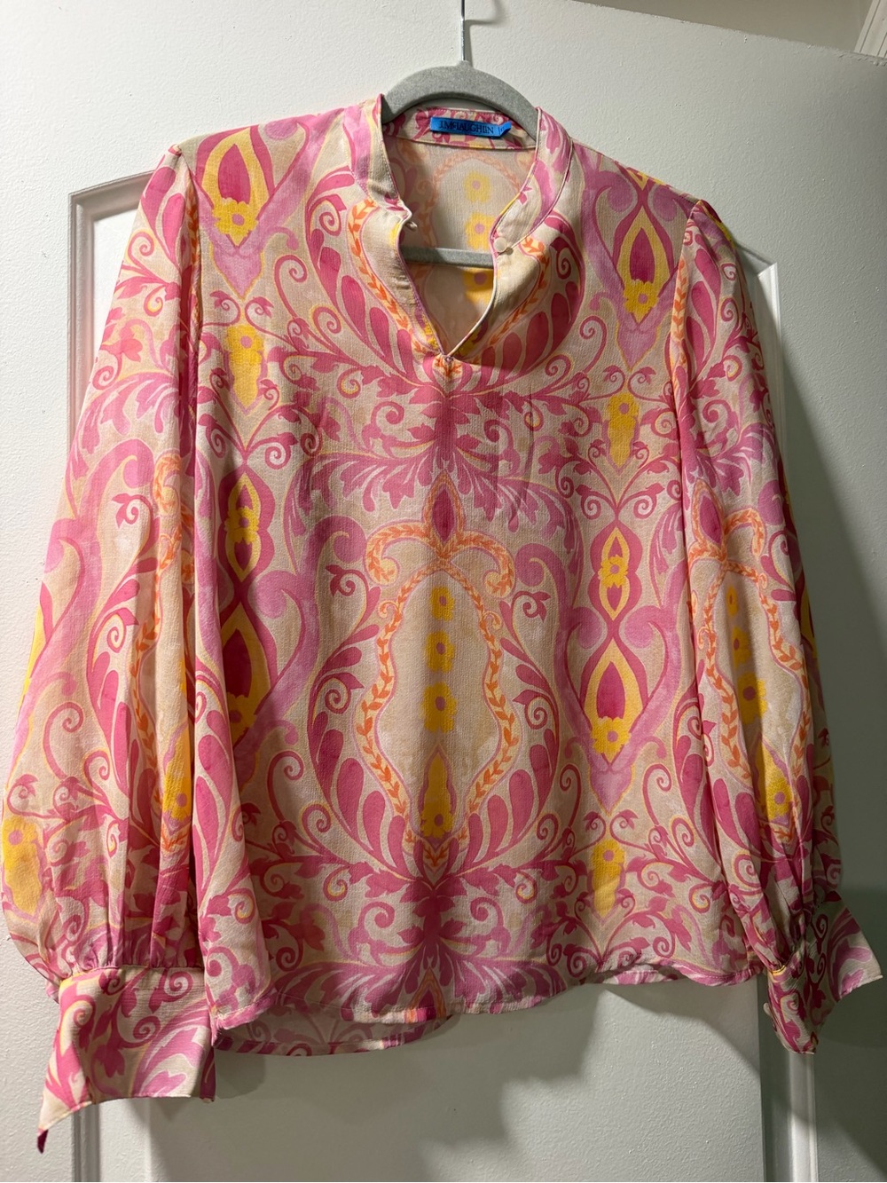 J McLaughlin Pink & Yellow Paisley-Print Long Sleeve silk Blouse